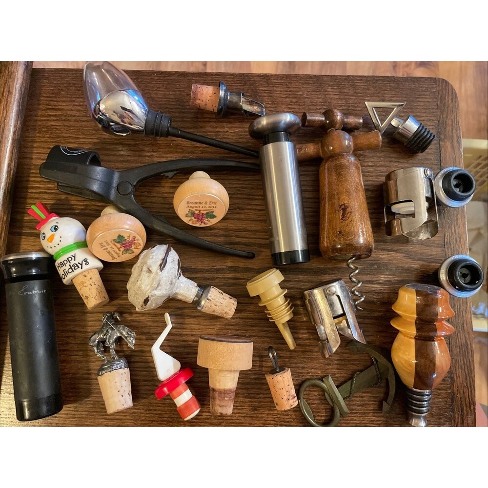 Vintage Corks And Bottle Stopper Lot Wine Barware Handmade Champagne Opener Wood
